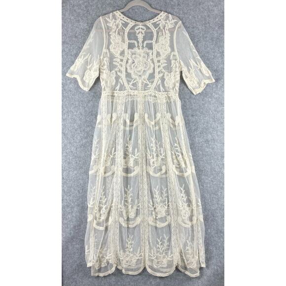 Woven Heart Lace Boho Dress Womens Medium Ivory Sheer Mesh Embroidered Fairy NEW - Picture 11 of 15